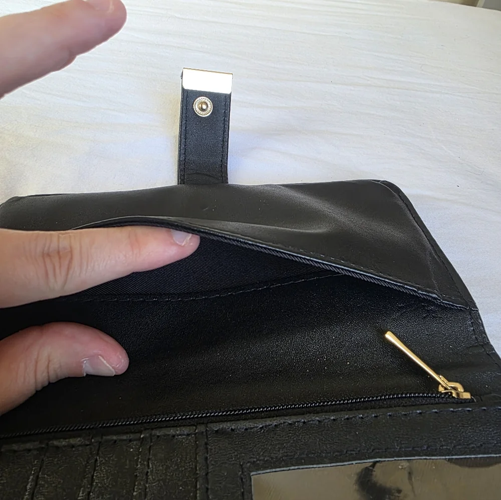 Black Faux Leather Bi Fold Wallet with Gold Snap Accent